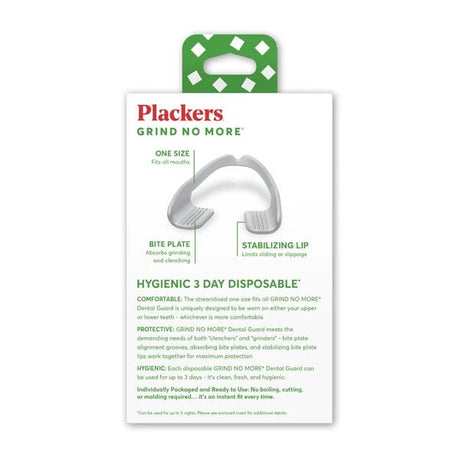 Plackers Grind No More Hygienic 3 Day Disposable dental guard packaging card, showing the product's green and white branding, a graphic of the curved dental guard, and detailed product information. - okotoks hc pharmacy