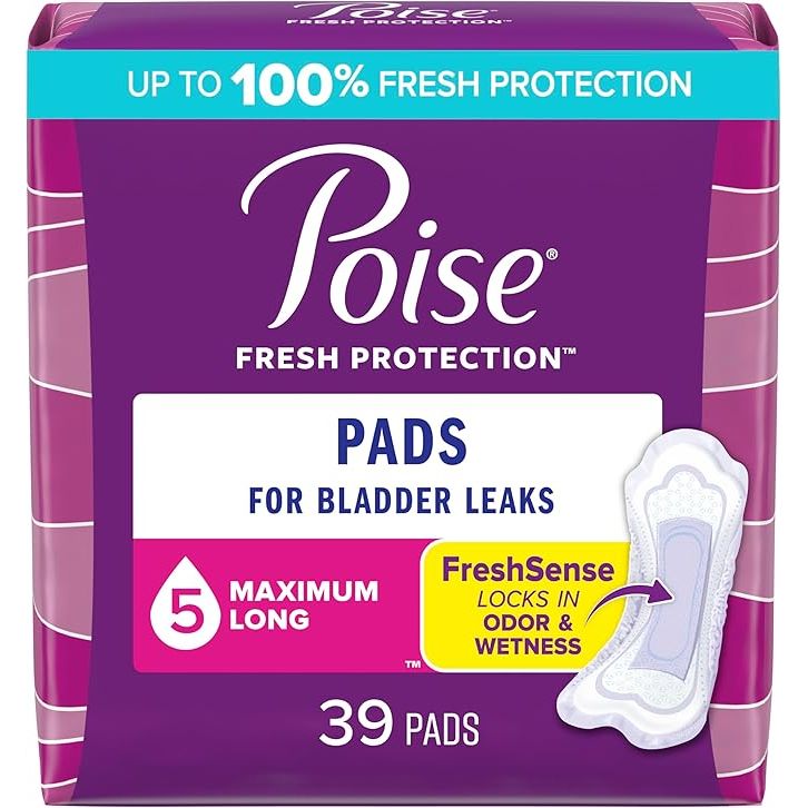 Pack of Poise pads for bladder leaks with packaging details on a purple background - okotoks hc pharmacy