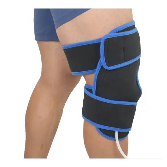 Black and blue compression wrap on a person's leg against a white background - okotoks hc pharmacy