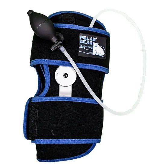 Black and blue knee wrap with a pump and hose on a white background - okotoks hc pharmacy