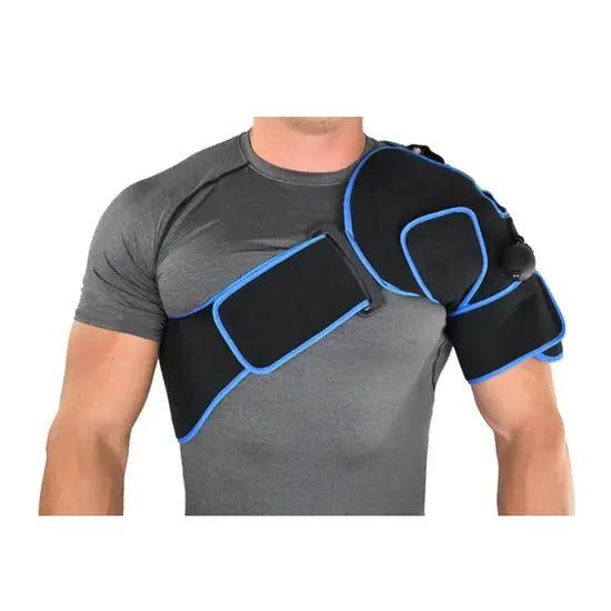 Person wearing a black and blue shoulder support brace on a white background - okotoks hc pharmacy