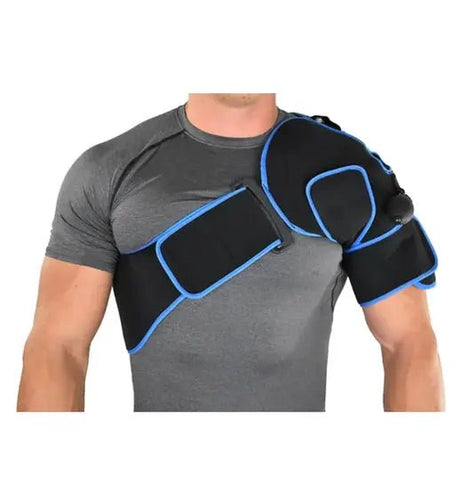 Person wearing a black and blue shoulder support brace on a white background - okotoks hc pharmacy