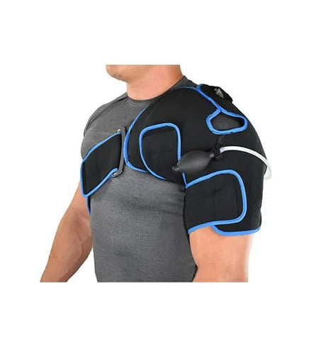 Person wearing a black shoulder brace with blue accents on a white background - okotoks hc pharmacy