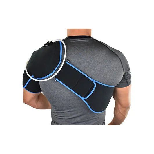 Person wearing a black shoulder support brace with blue accents on a white background - okotoks hc pharmacy