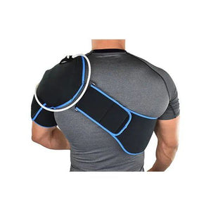 Person wearing a black shoulder support brace with blue accents on a white background - okotoks hc pharmacy