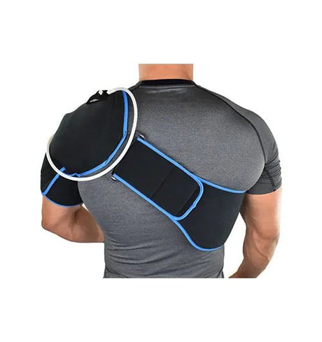 Person wearing a black shoulder support brace with blue accents on a white background - okotoks hc pharmacy