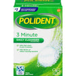 Polident 3 Minute Daily Cleanser for dentures in Mint Fresh flavor, 96 tablets, in a green and white box with a blue and white graphic of a tooth cleaning bubble. - okotoks hc pharmacy