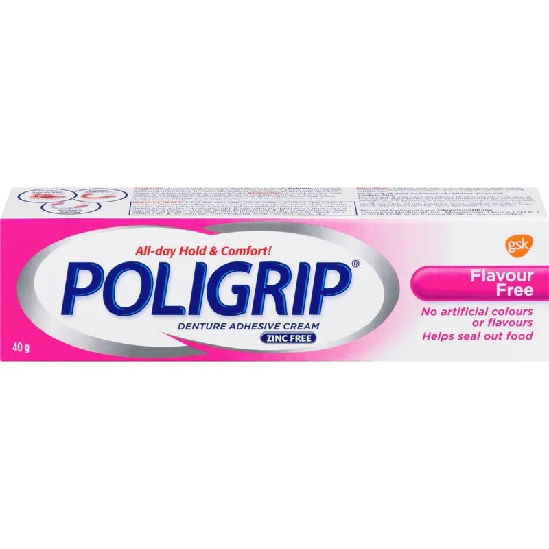 A 40g tube of POLIGRIP Flavour Free Denture Adhesive Cream, featuring a white and pink design with blue branding text. - okotoks hc pharmacy