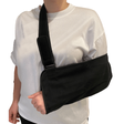 Person wearing a black shoulder immobilizer against a white background - okotoks hc pharmacy