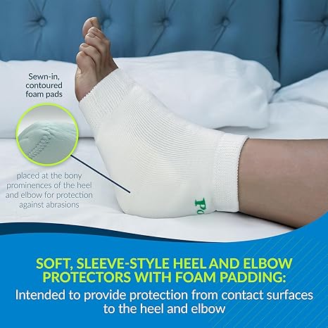 Foot with a white sleeve-style heel and elbow protector on a blue background p okotoks hc pharmacy