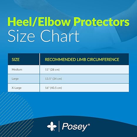 Size chart for Heel/Elbow Protectors with Posey logo on a blue background - okotoks hc pharmacy