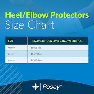 Size chart for Heel/Elbow Protectors with Posey logo on a blue background - okotoks hc pharmacy