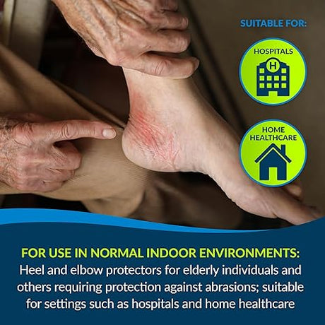 Person examining a foot with visible redness, promoting heel and elbow protectors for elderly individuals. - okotoks hc pharmacy