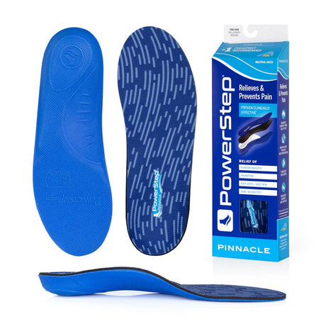 Blue shoe insoles with packaging labeled 'PowerStep' on a white background - okotoks hc pharmacy