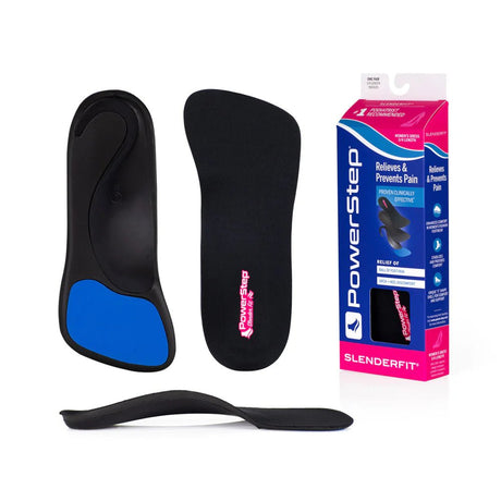 Black and blue shoe insoles with PowerStep packaging on a white background - okotoks hc pharmacy