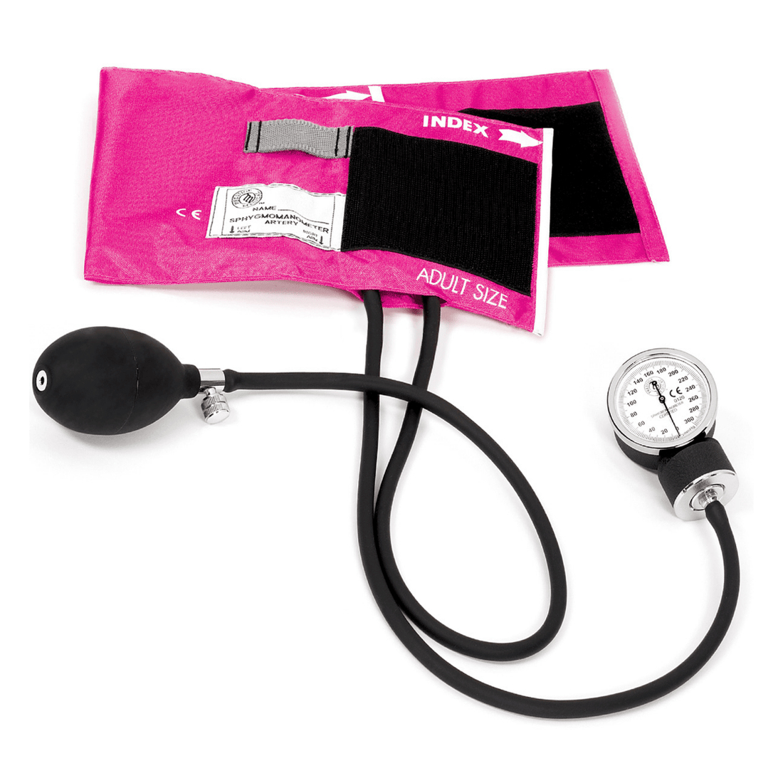 Blood pressure monitor with pink cuff and black bladder on a white background - okotoks hc pharmacy