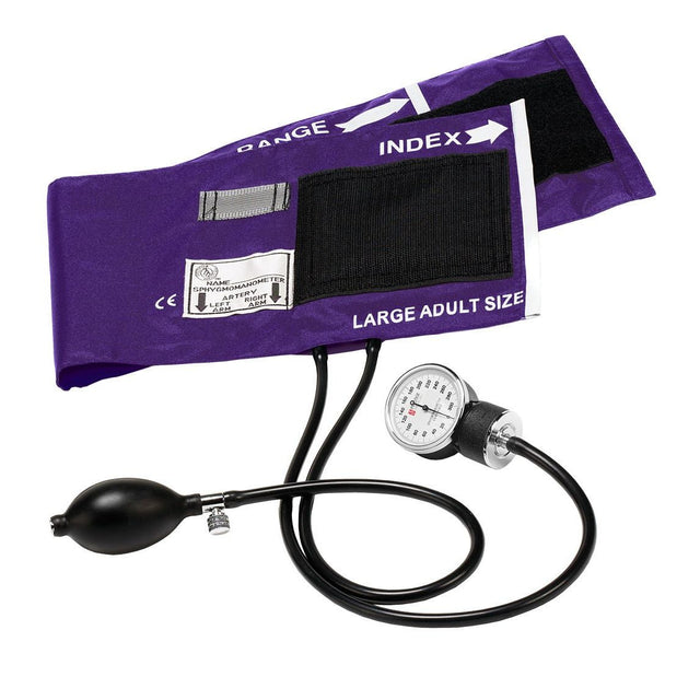 Purple blood pressure cuff with gauge on a white background - okotoks hc pharmacy