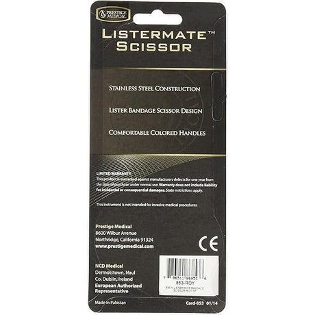 Back view of Listermate Scissor packaging with text and branding details. - okotoks hc pharmacy