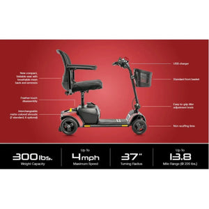 Black mobility scooter with features highlighted on a red background - okotoks hc pharmacy