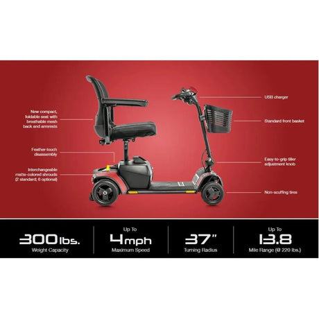 Black mobility scooter with features highlighted on a red background - okotoks hc pharmacy