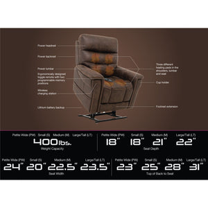Brown recliner chair with features and dimensions labeled on a brown background - okotoks hc pharmacy
