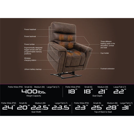 Brown recliner chair with features and dimensions labeled on a brown background - okotoks hc pharmacy