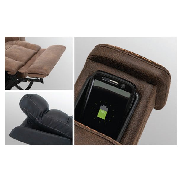Collage of a massage chair with remote control, cup holder, and people using the chair. - okotoks hc pharmacy