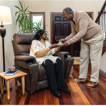 Collage of a massage chair with remote control, cup holder, and people using the chair. - okotoks hc pharmacy