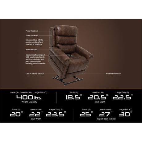 Brown recliner chair with feature list and dimensions on a brown background - okotoks hc pharmacy
