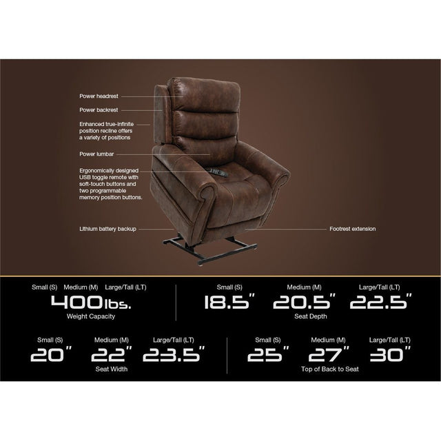 Brown recliner chair with feature list and dimensions on a brown background - okotoks hc pharmacy