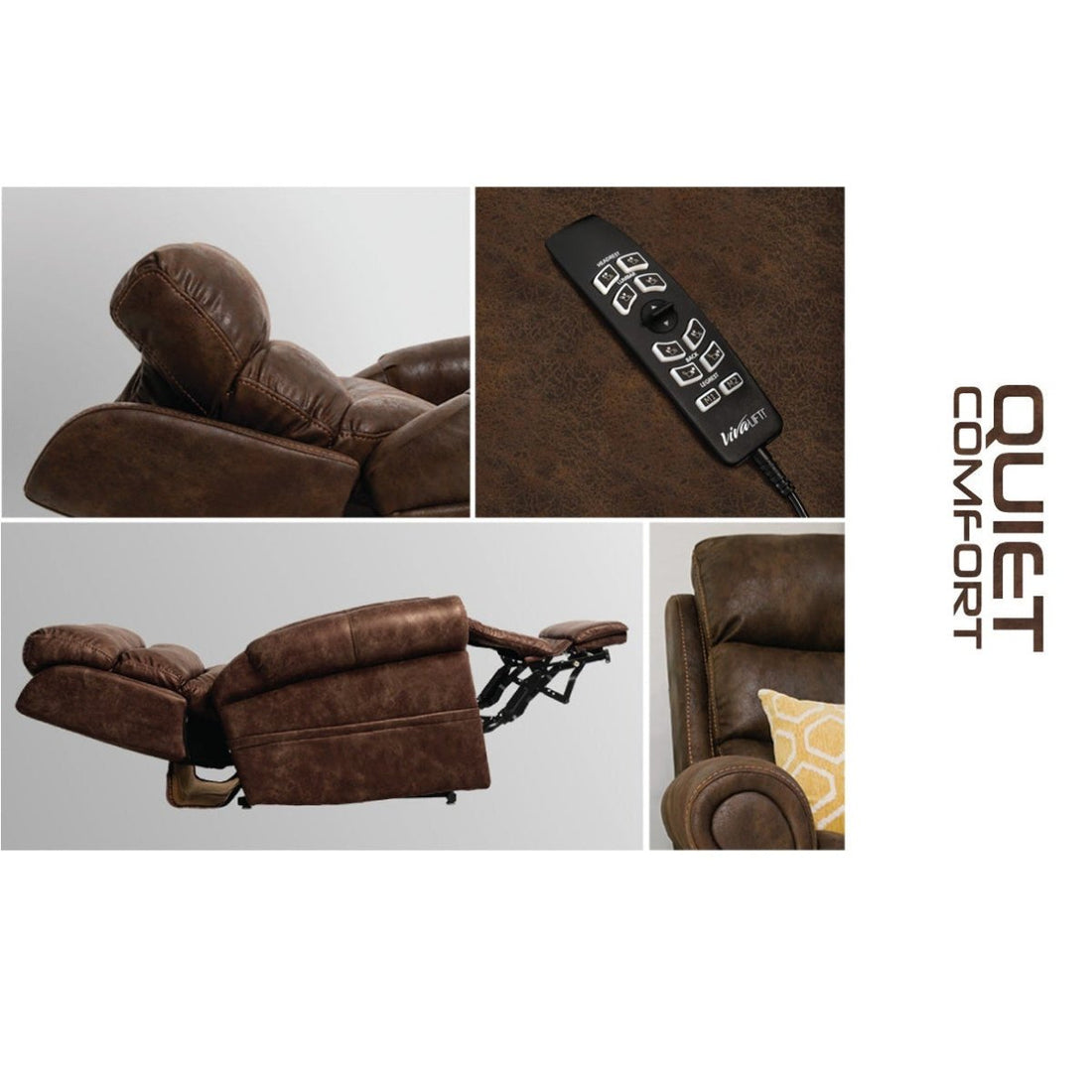 Brown recliner sofa with remote control on a white background, featuring the 'Quiet Comfort' brand. - okotoks hc pharmacy