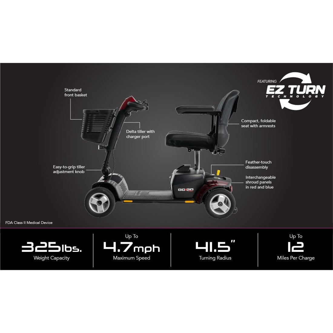Mobility scooter with features highlighted on a dark background - okotoks hc pharmacy