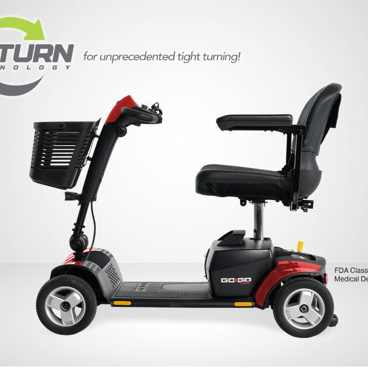 Red and black mobility scooter with various angles and features highlighted on a gray background. - okotoks hc pharmacy