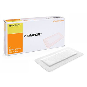 Box of Primapore bandages with a single bandage in front on a white background - okotoks hc pharmacy