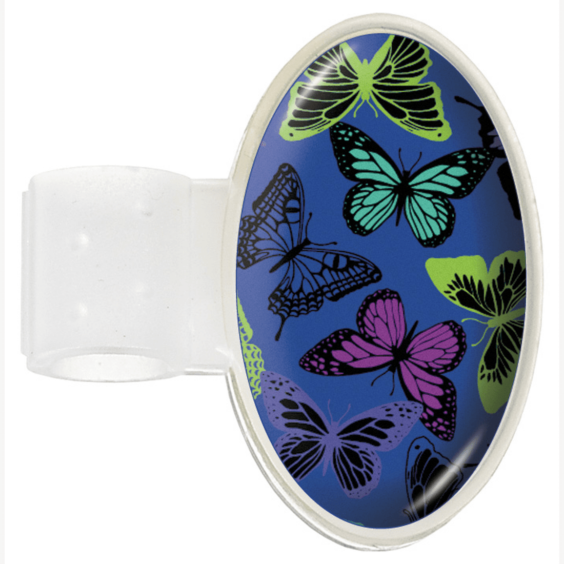 Printed Stethoscope ID Tag with colorful butterfly design on a blue background - okotoks hc pharmacy