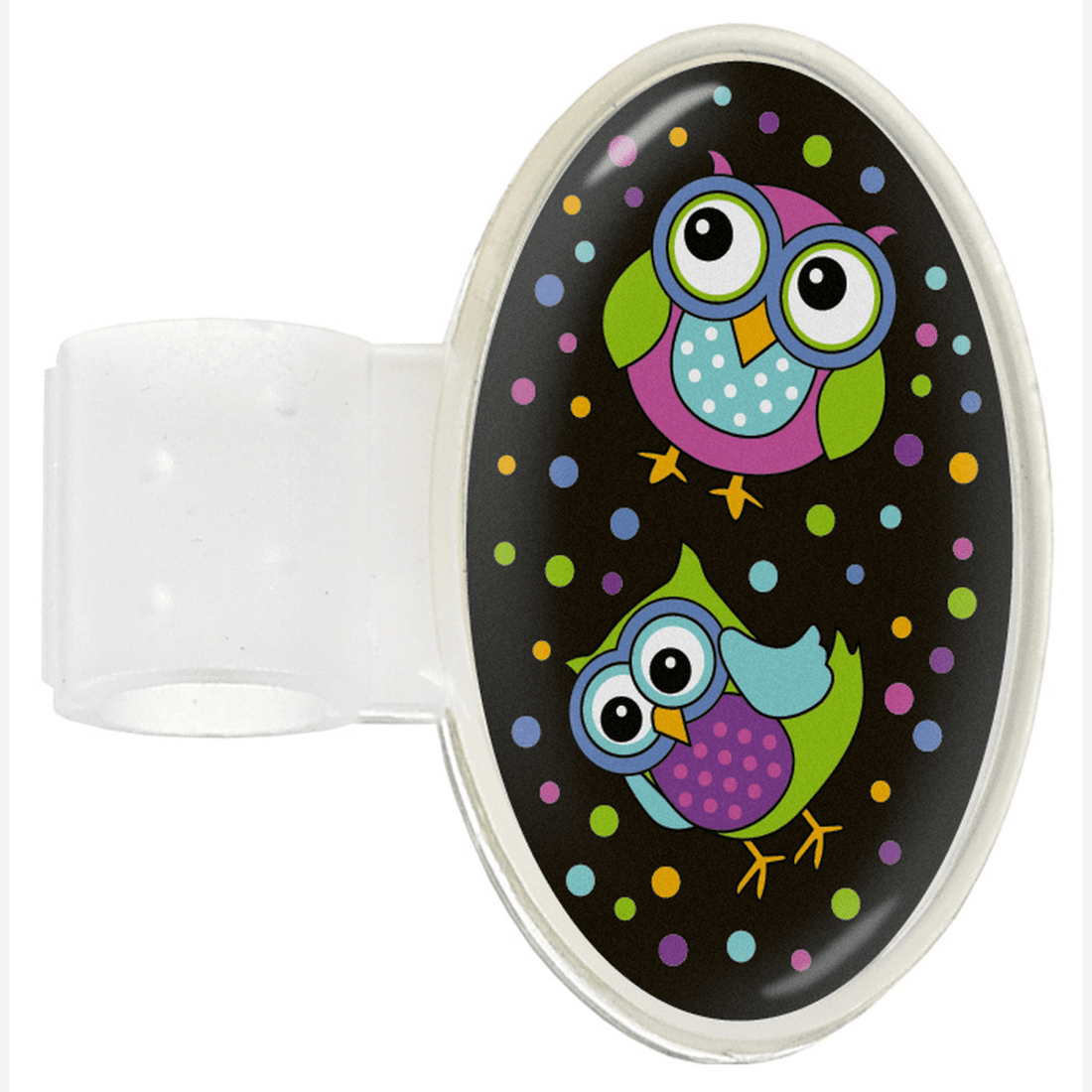 Colorful owl design on a Printed Stethoscope ID Tag with a white background - okotoks hc pharmacy