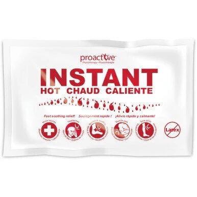 Proactive Instant Hot Pack with red text and icons on a white background - okotoks hc pharmacy