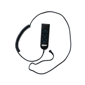 Black coiled cable with a remote control on a white background - okotoks hc pharmacy