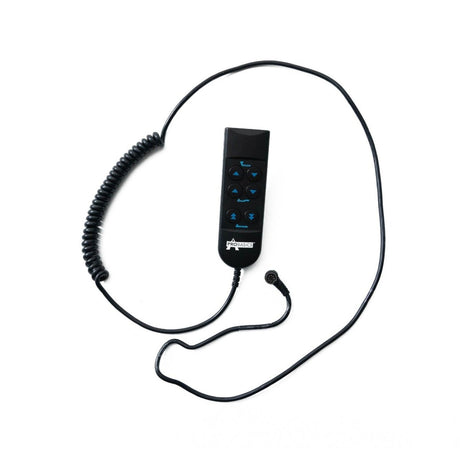 Black coiled cable with a remote control on a white background - okotoks hc pharmacy