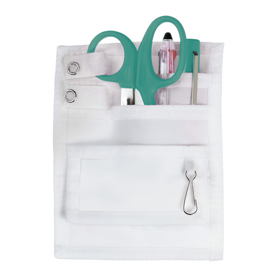 White pouch with teal scissors and pens on a white background - okotoks hc pharmacy
