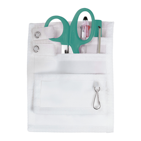 White pouch with teal scissors and pens on a white background - okotoks hc pharmacy