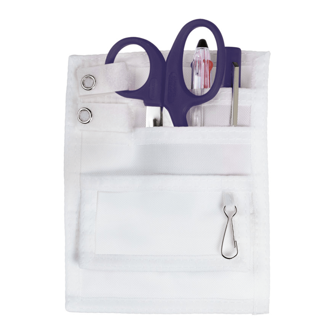 White pouch with navy scissors and pens on a white background - okotoks hc pharmacy