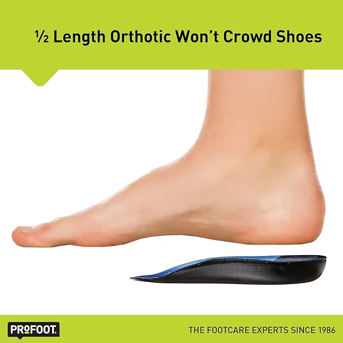 Profoot orthotic insole on a foot with text about half-length orthotic not crowding shoes. - okotoks hc pharmacy