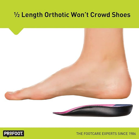 Foot with an orthotic insole and text about half-length orthotic not crowding shoes, with Profoot branding. - okotoks hc pharmacy