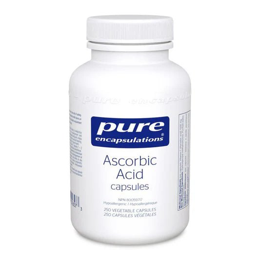 Bottle of pure encapsulations Ascorbic Acid capsules on a white background - okotoks hc pharmacy