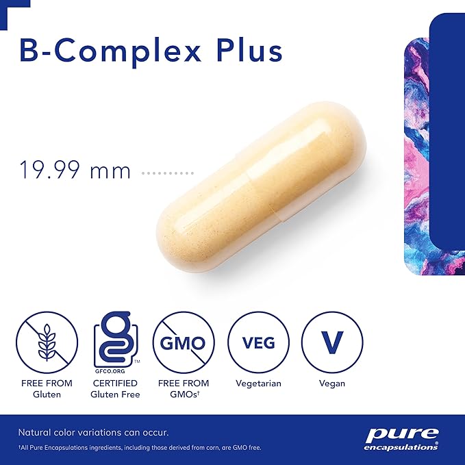 B-Complex Plus supplement capsule with product details on a white background - okotoks hc pharmacy