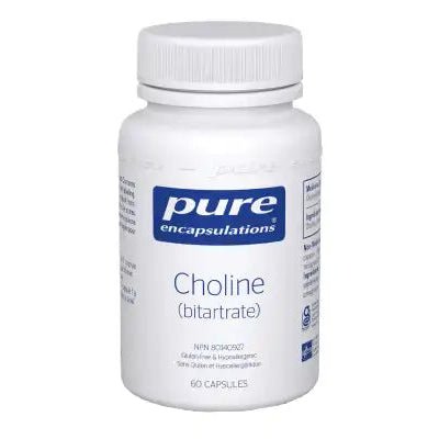 Bottle of pure encapsulations Choline bitartrate capsules on a white background - okotoks hc pharmacy
