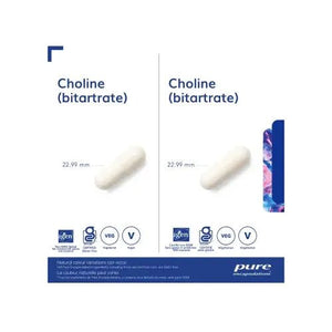 A product information graphic for Pure Encapsulations Choline (bitartrate) capsules. The graphic features a white background with two columns showing a single white capsule labeled with its 22. - okotoks hc pharmacy
