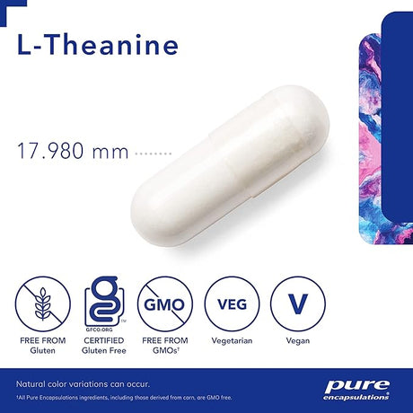 White capsule with L-Theanine label, size 17.980 mm, and certification icons on a white background. - okotoks hc pharmacy