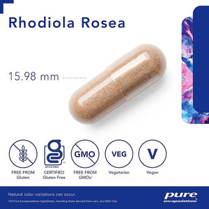 Rhodiola Rosea supplement capsule with size 15.98 mm on a white background, featuring certification logos and product details. - okotoks hc pharmacy